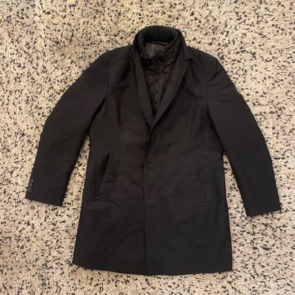 Strellson Mens Black lined Coat Jacket 46R XXL Switzerland concealed Hood - Picture 1 of 16